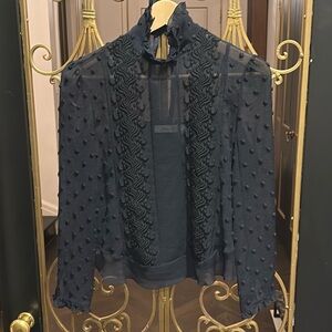 Chloe Sheer Navy Blouse tank size 34 xs poka dot embroidered ruffle half turtle